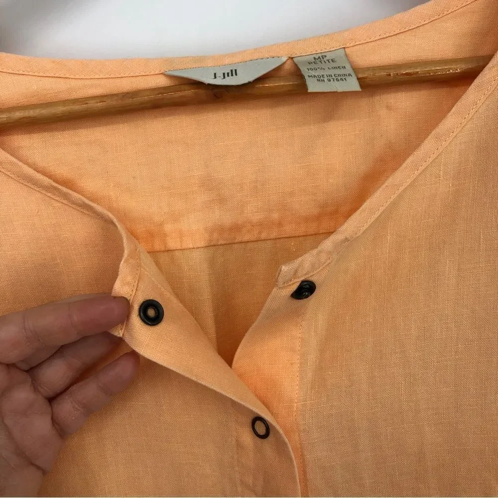 J. Jill 100% Linen Snap Button Shirt Womens Petite Medium Peach Boxy Long Sleeve